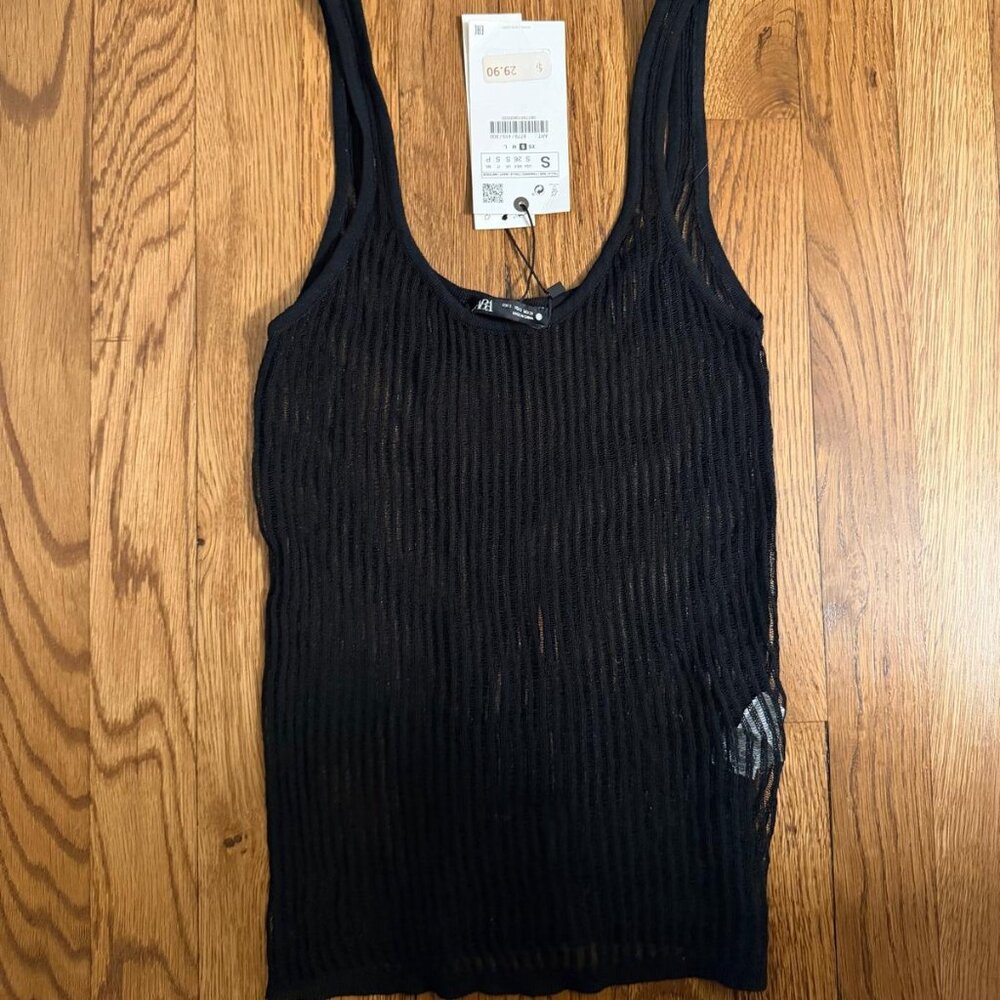 Zara top black rib knit sheer small BNWT